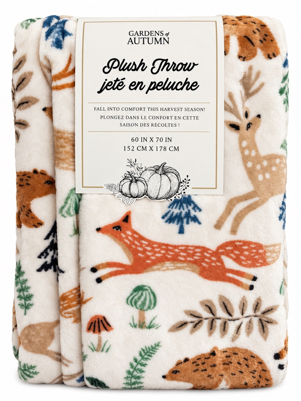 Plush Throw Blanket - Cream with Orange Fox & Natural Forest Print